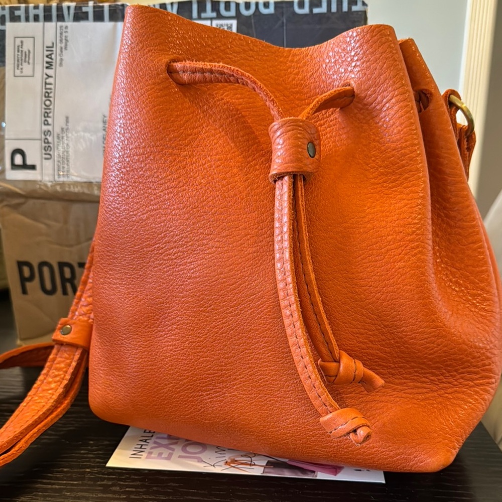 Orange Leather Drawstring Bucket Bag